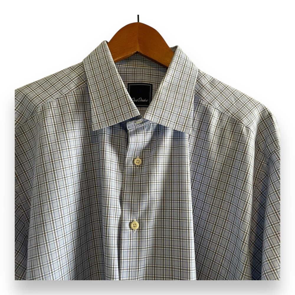 David Donahue‎ Men's Dress Shirt Blue Plaid Size 18 34/35 XXL Spread Collar
